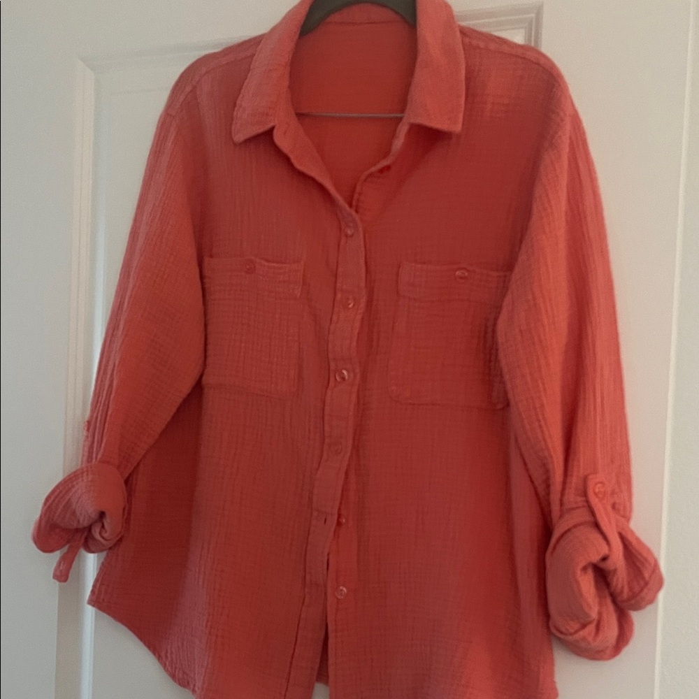 Lightweight 100% Cotton Coral Button-Front Women's Shirt